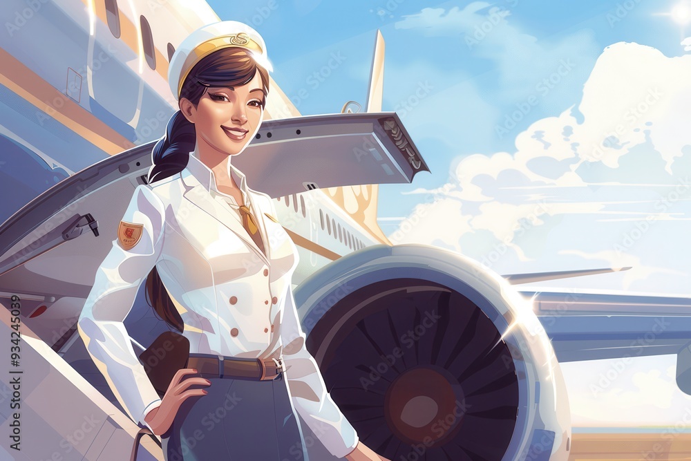 Poster a flight attendant dressed in a uniform poses confidently beside an airplane engine, showcasing warm