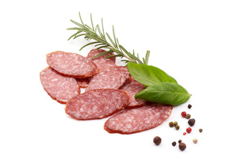 Smoked salami slices, isolated on white background.