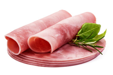Sliced boiled ham sausage, isolated on white background.