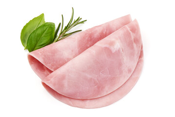 Sliced boiled ham sausage, isolated on white background.