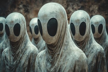 Many statues of aliens with black eyes and a hood