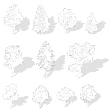 axonometric trees, set of trees, cad trees