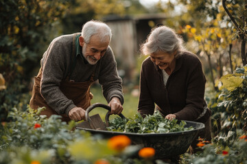 Senior couple playing with a wheelbarrow, Generative AI