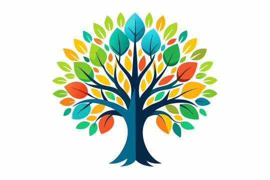 recommend clip art: A vibrant and colorful vector illustration of the Tree of life, a colorful tree with roots with a dark trunk and branches spreading into a wide canopy filled with stylized leaves in shades of green