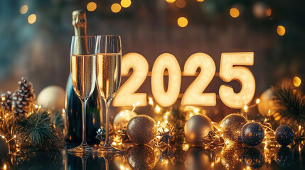 A festive New Year's Eve scene with champagne glasses, sparkling lights, and a "2025" sign, capturing the celebration, joy, and anticipation of the upcoming year.