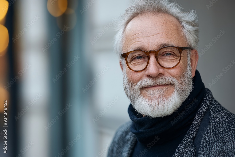 Wall mural Forever young. Portrait of handsome bearded senior man in glasses looking at camera and smiling while standing outdoors, Generative AI