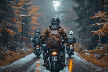 Fototapeta premium Bikers Riding Through a Rainy Autumn Forest With Vibrant Orange Leaves at Dusk
