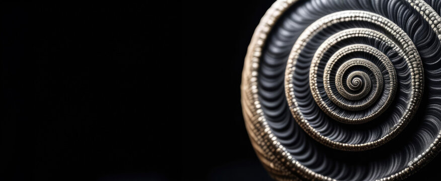 Ancient shell with spiral pattern on black background. Chambered nautilus (Nautilus pompilius). Banner with space for text