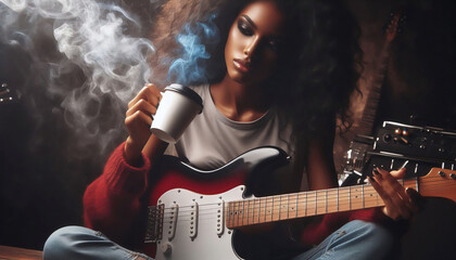 Obraz premium A young woman with dark long hair with a guitar in a smoky atmosphere with a glass of wine