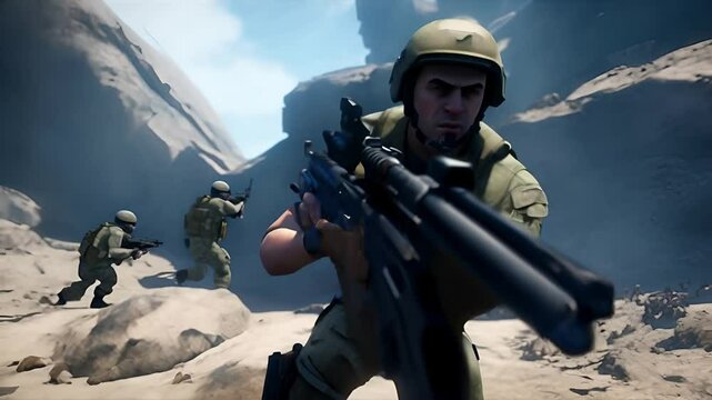 A soldier in combat moves through dangerous terrain and engages in firefights with the enemy. Experience the thrill of victory and the bitterness of defeat