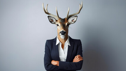 Business woman impiegata ceo donna elegante con testa di animale cervo, immagine evocativa creativa, sfondo orizzontale neutro. Figura antropomorfa. Offerta di lavoro, cercare lavoro