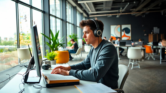 Ragazzo universitario con sguardo attento indossa cuffie e lavora e studia in un coworking, ambiente moderno e luminoso, lavoro da remoto