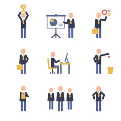 Fototapeta premium Business people icon pictograms. Leadership training, meeting and corporate career. Modern simple style pictogram concept. Blue color characters set. Simple material design for web and website.