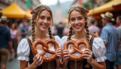 Female friends in traditional drindl holding german soft pretzels oktoberfest