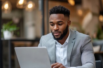 Obraz premium This proposal is looking good. Shot of a young businessman working on his laptop, Generative AI