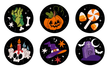 Happy Halloween Vector Round Shape Stickers. Cake Toppers with pumpkin, White Skull, candy corn, Bat and witch hat on a Black Background. Decoration for Halloween Party.