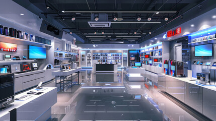 Inside a contemporary electronics retail space, sleek displays showcase a wide range of gadgets and devices under bright, welcoming lights