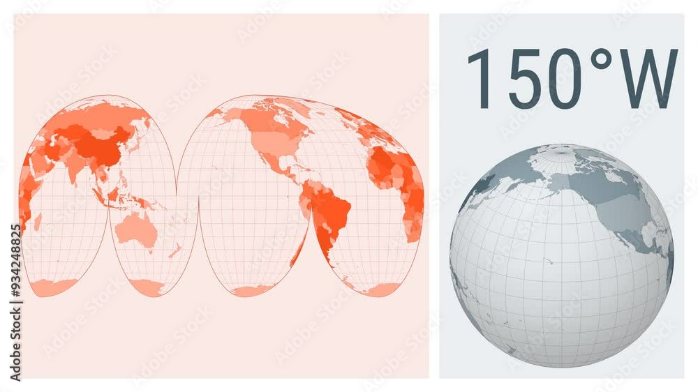 Poster world map animation. goode interrupted mollweide projection. colored countries style. animated world