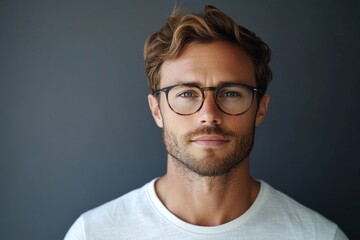Fototapeta premium Portrait, glasses and serious man in studio isolated on a gray background. Face, nerd and handsome male person from Australia with spectacles, eyewear, Generative AI