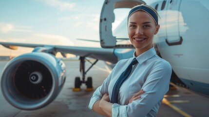 Flight attendant stands proudly next to an aircraft, showcasing professionalism and readiness to assist passengers with their travel needs. Generative AI