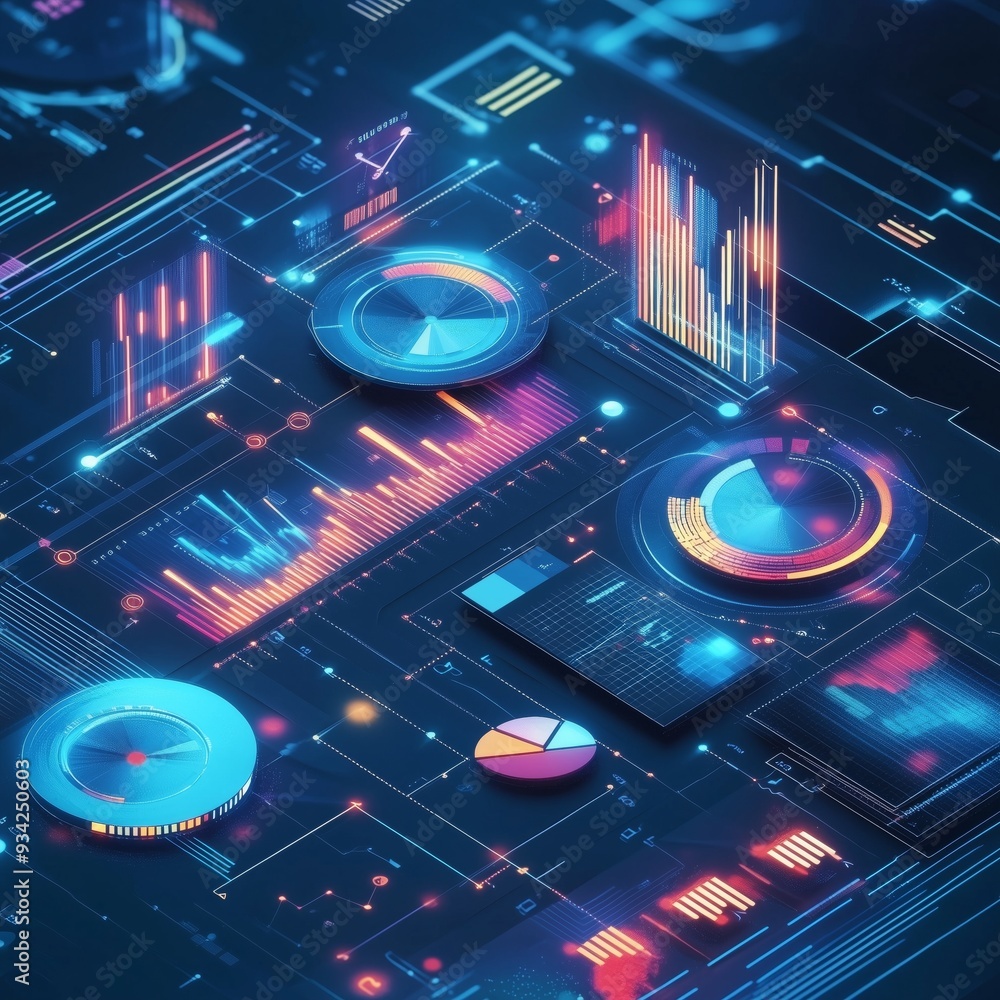 Poster abstract digital interface: neon lights and data visualization