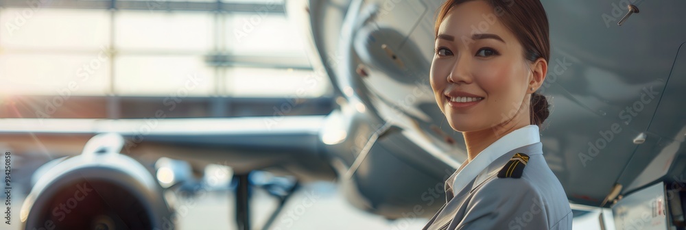 Aufkleber a flight attendant stands beside an aircraft, smiling gently as sunlight streams through the airport