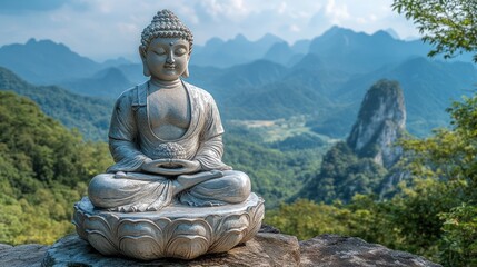 Buddha Statue in Mountain Landscape