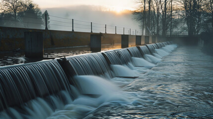 Water flows over metal channels in a water treatment facility.