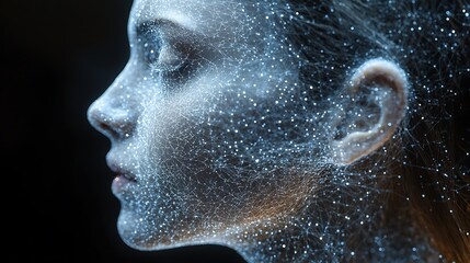 A woman's face is rendered in a digital, abstract style with blue and white particles forming a grid-like pattern over her skin.