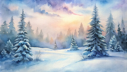 Naklejka premium Watercolor Winter Landscape Background with Soft Pastel Hues