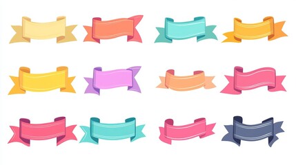A set of ribbon elements, including starburst labels and a collection of vintage and modern simple flat ribbons. Features colorful vector ribbon banners. Vector illustration.