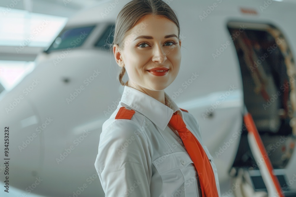 Poster the flight attendant wears a crisp uniform, showcasing a smile as she stands near the jet, ready to 