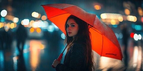woman holding bright red umbrella on rainy night 