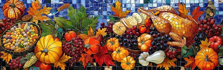 mosaic style illustration depicting a Thanksgiving scene, using small colorful tiles to form images of harvest, feasting, and seasonal elements