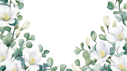 Watercolor border featuring white freesia flowers and eucalyptus leaves Handcrafted floral design suitable for wedding invitations floral arrangements and beauty salons Tropical spring blooms