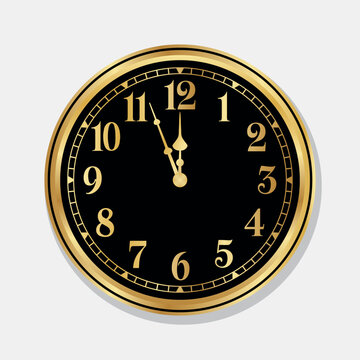 Luxurious analog clock vector with classic arabic numerals, showing five minutes to midnight on a sleek black dial, shiny gold vintage wall clock
