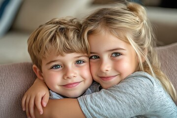 Children hug, happy family and portrait of kids with love together in lilving room of house, smile for affection and bonding in the lounge of home. Girl and boy siblings hugging in, Generative AI