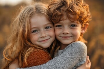 Happy redhead siblings hugging in nature, Generative AI