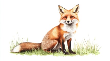 Fototapeta premium Red fox on grass depicted in a vintage style watercolor illustration Hand drawn artwork showcasing a cute wildlife forest animal sitting on green grass set against a white background