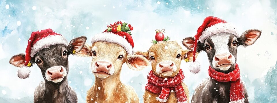 Watercolor depiction of charming cow characters celebrating Christmas