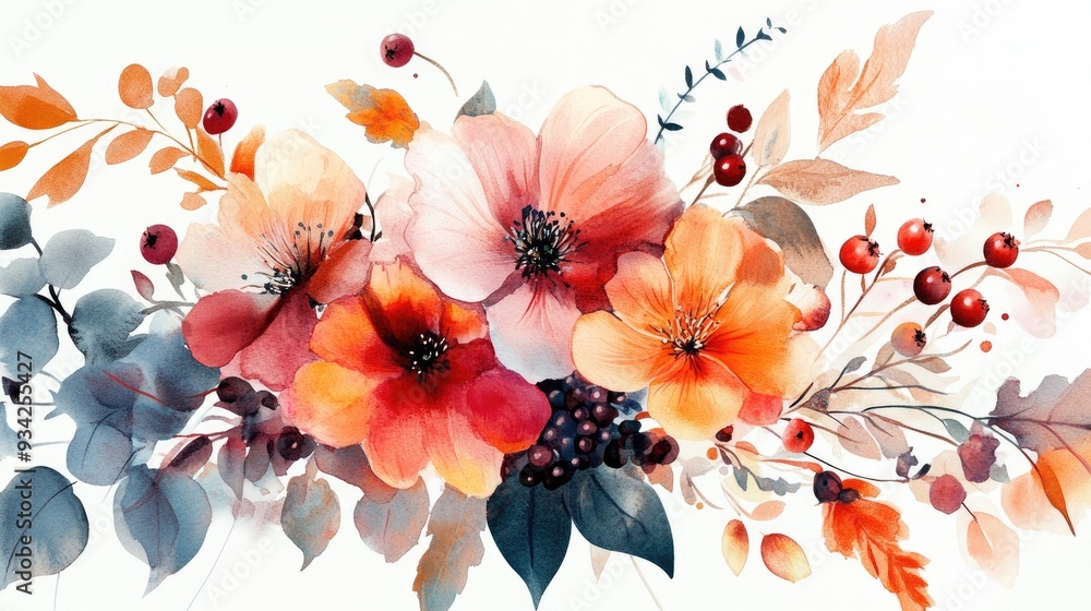 Wall mural watercolor bouquet featuring autumn blooms foliage and berries on a white background