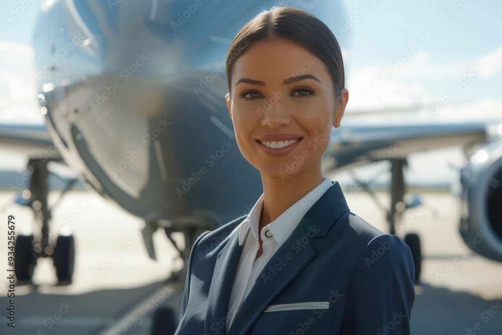 Poster a flight attendant smiles warmly while standing in front of an airplane at the airport, showcasing h