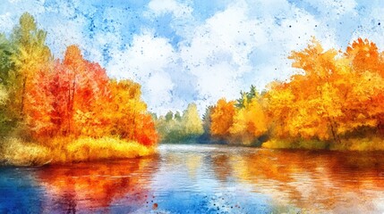 Vibrant autumn scenery featuring a river created in watercolor Digital artwork