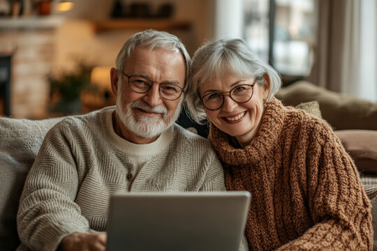 Senior couple using laptop in living room, Generative AI
