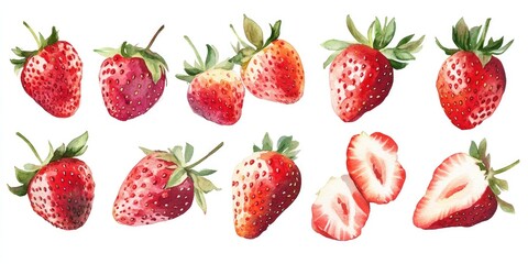 Watercolor collection featuring various styles of strawberries both individually and as a cohesive group
