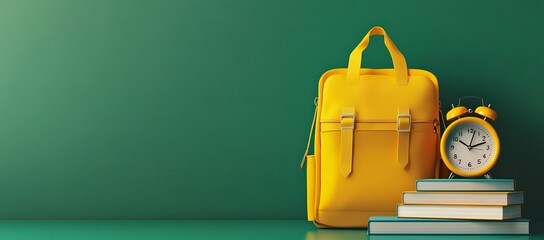 A yellow backpack sits on a stack of books beside an alarm clock with copy space