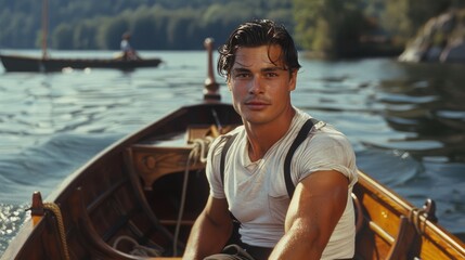 a handsome man sits in a wooden boat in the middle of a lake 