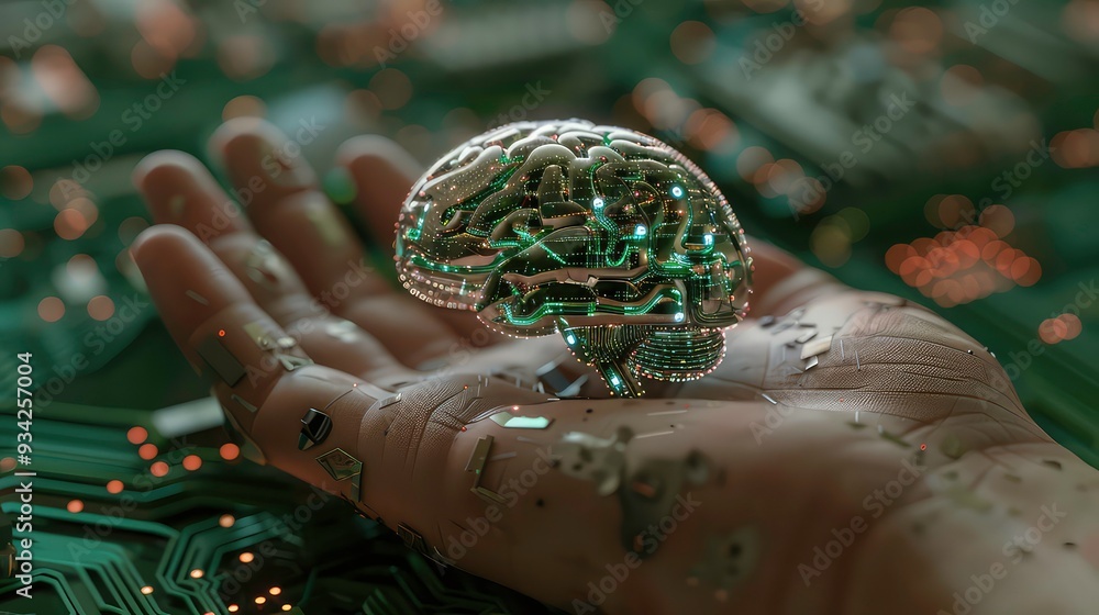 Poster a robotic hand holding a glowing brain, symbolizing artificial intelligence and the future of techno