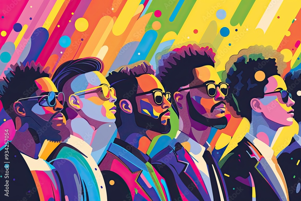 Poster a vibrant illustration of diverse people from various backgrounds dressed in professional attire wit
