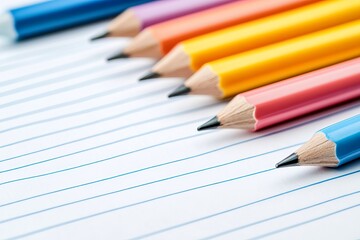 Fototapeta premium Colorful pencils are lined up on a piece of lined paper